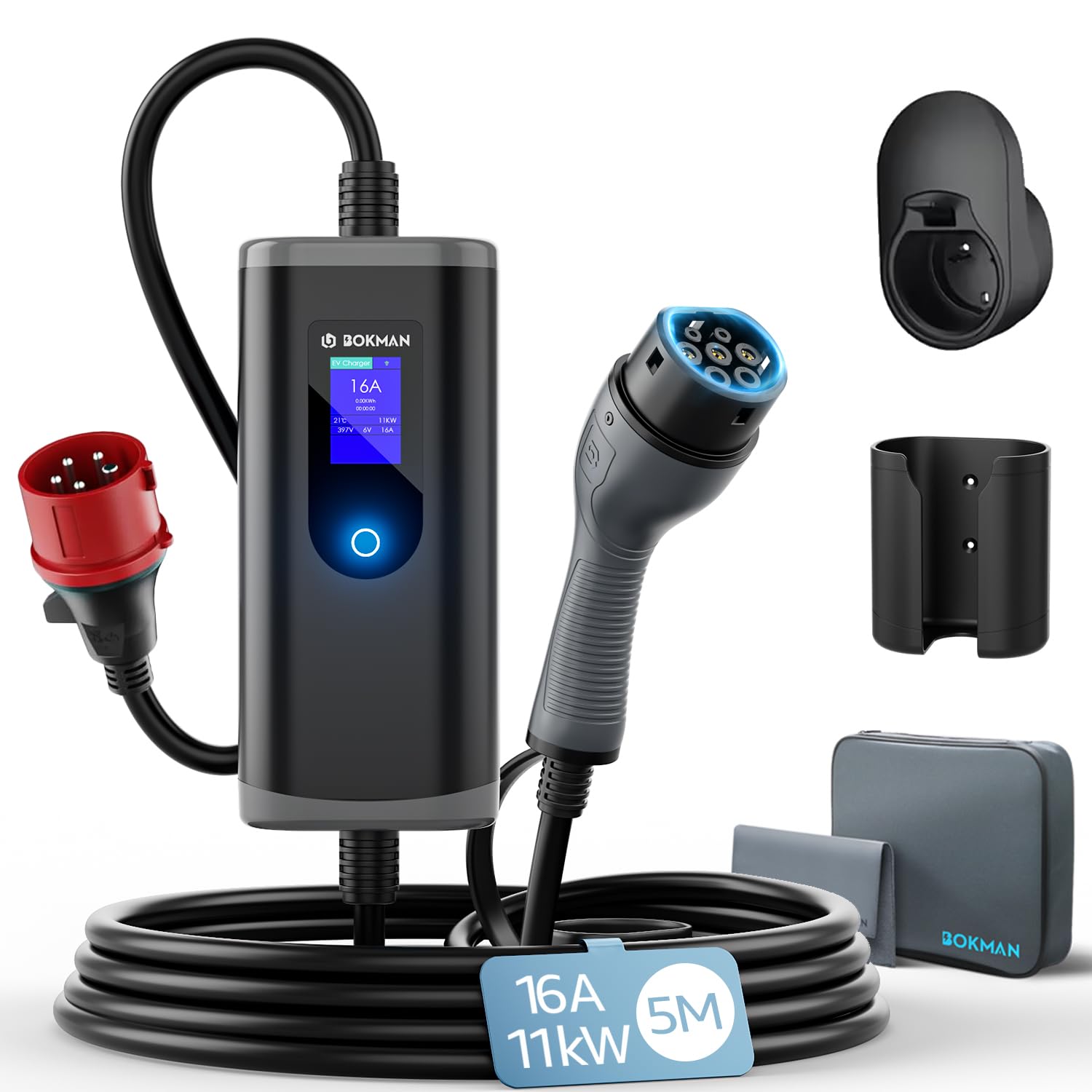bokman Typ 2 Ladekabel mit CEE Stecker, 5 Meter | 6-16A | 11kW | 3-Phasig | IP65 Wasserdicht, Tragbares EV-Ladegerät und Mobile Wallbox Ladestation für IEC 62196-2 mit Tragetasche & Mikrofaserhandtuch