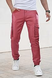GINGTTO Mens Red Faux Leather Cargo Pants Slim Fit