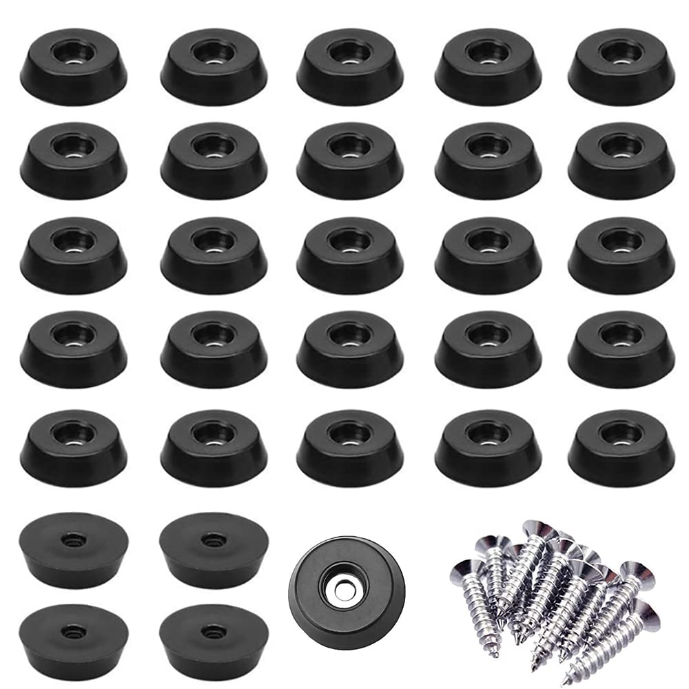 30 Pcs Round Black Rubber Feet with Steel Screws Anti-Slip Furniture Pads Black Bumper Pads for Cabinet Desk Tables Couches (25 * 23 * 9mm)