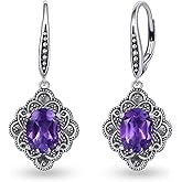 DOTOUJOUR 9x7MM Genuine Amethyst Dangle Earring for Women Vintage 925 Sterling Silver Natural Amethyst Earring Retro Jewelry for Her Wife Mom