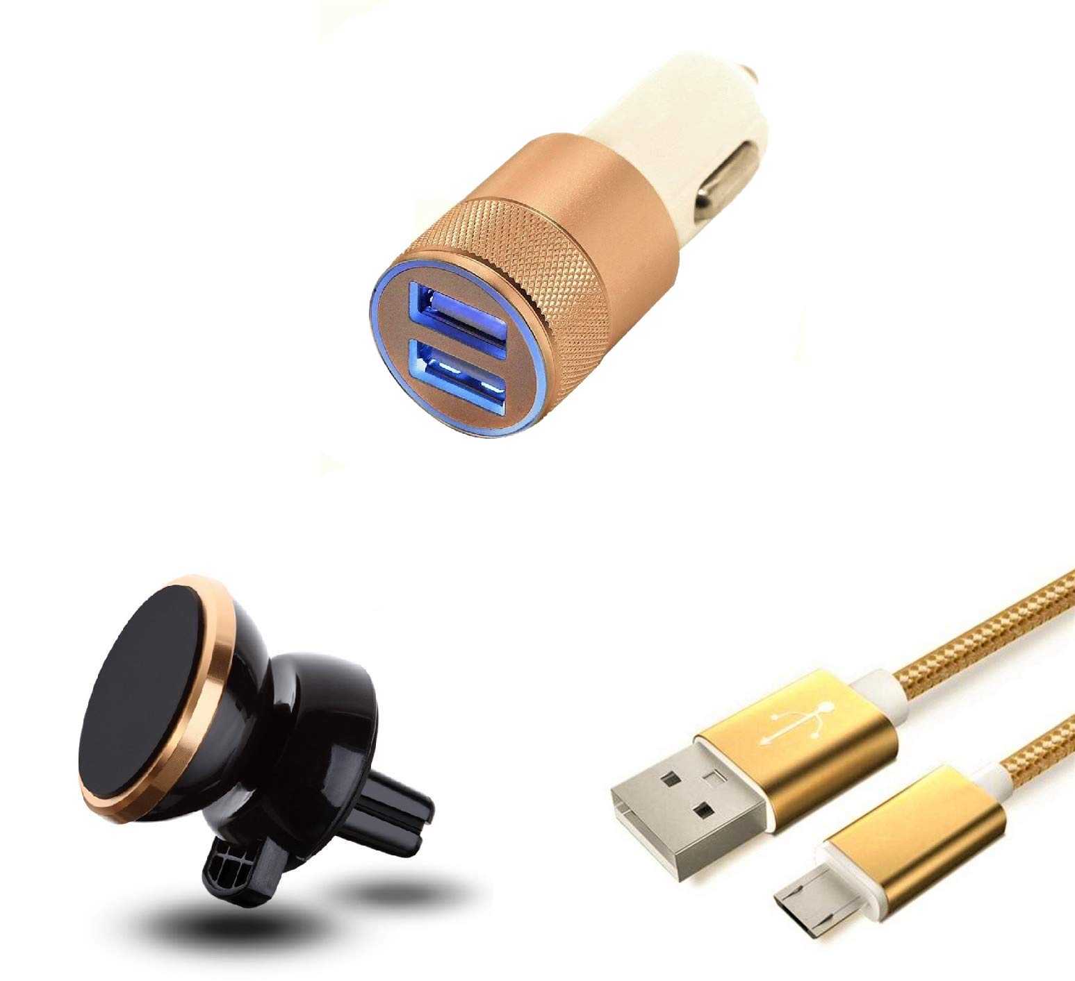 Shot Case Car Pack for Samsung Galaxy A10 (Metal Micro-USB Cable Charger + Double Cigarette Lighter Adaptor + Magnetic Holder (Gold)