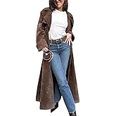 ebossy Women's Fashion Faux Suede Open Front Long Trench Coat Notched Lapel Double Breasted Maxi Overcoat with Belt