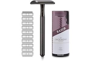 THE GROOMING SOCIETY Black Double Edge Safety Razor, Classic Razor Set for Men, Zero Waste Razor with 10 Replacement Double Edge Blades, Metal Razor