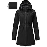 MoFiz Women Long Rain Coat With Detachable Hood Lightweigh Waterproof Fold Rain Jacket With Adjustable Drawstring at Waist