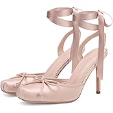 FancyQueen Ballet Heels for Women, Satin Stiletto Slingback Bow Ballerina Heels