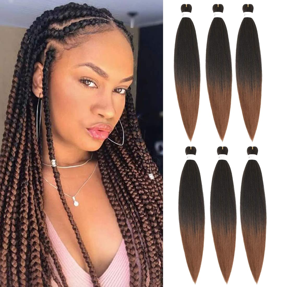 Pre-Stretched Braiding Hair Easy Braid Professional Itch- Synthetic Fibre Crochet Braids Yaki Texture Hair Extensions 6 Packs Braid Hair (20 Inch(Pack of 6), 1B/30#)