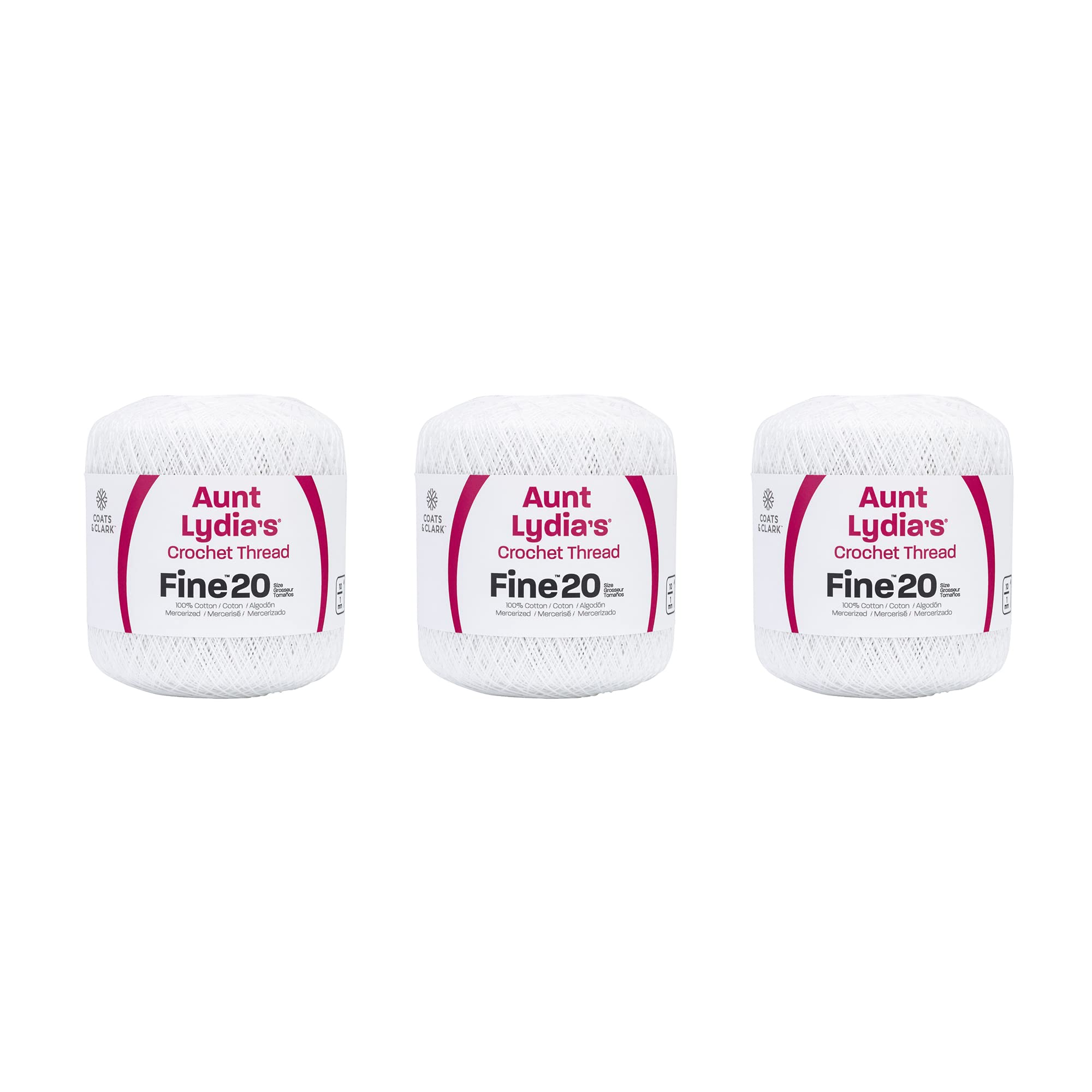 Aunt Lydia Extra Fine Crochet Thread - 3 Pack of 400y/365m - Cotton - Gauge 20 - White