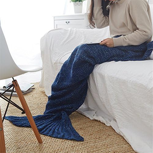 iSunShine Mermaid Tail Blanket Crochet for Kids and Adult, All Seasons Soft Knitted Blanket Sleeping Bag, 28"x55", Navy