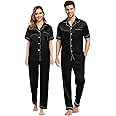 SWOMOG Couples Pajamas Sets Women & Men Satin Short Sleeve Sleepwear Button Down Loungewear Pjs Set with Long Pants
