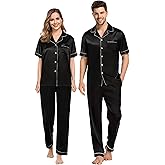 SWOMOG Couples Pajamas Sets Women & Men Satin Short Sleeve Sleepwear Button Down Loungewear Pjs Set with Long Pants