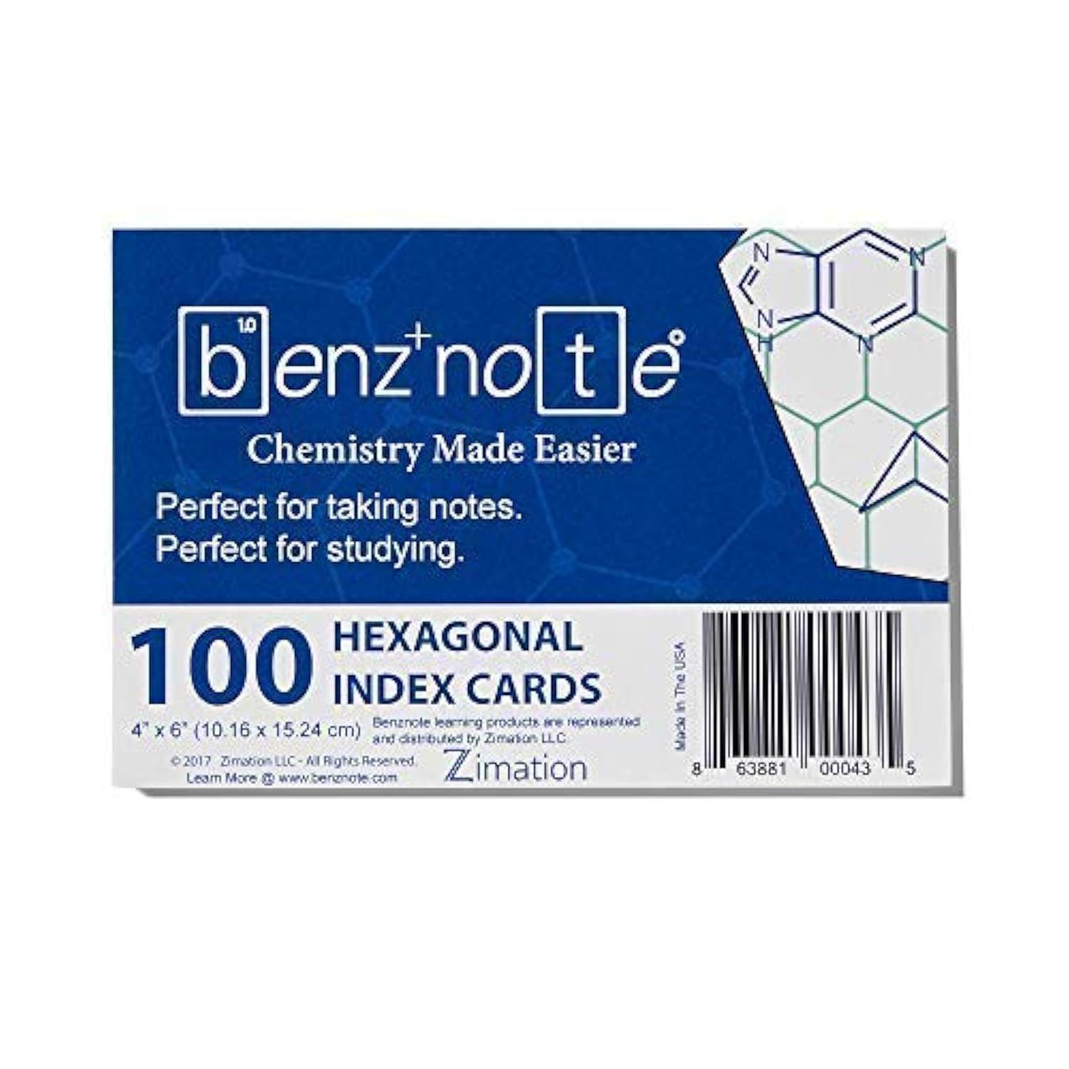 BENZNOTE, Index Cards, for Organic and Bio Chemistry, 4" x 6", Hexagonal Graph Rule, Green Lined, 100 Index Cards