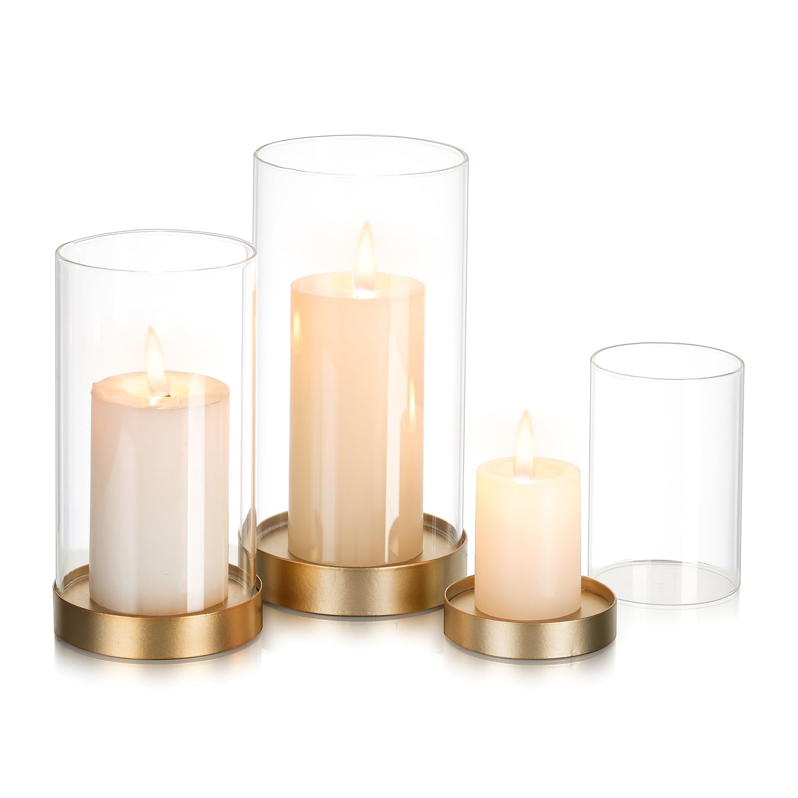 Glasseam Hurricane Candle Holder Glass: Set of 3 Gold Candle Holders for Pillar Candles Metal Candle Holder with Glass Cylinder Pillar Candle Holders for Living Room Table Centrepiece Wedding