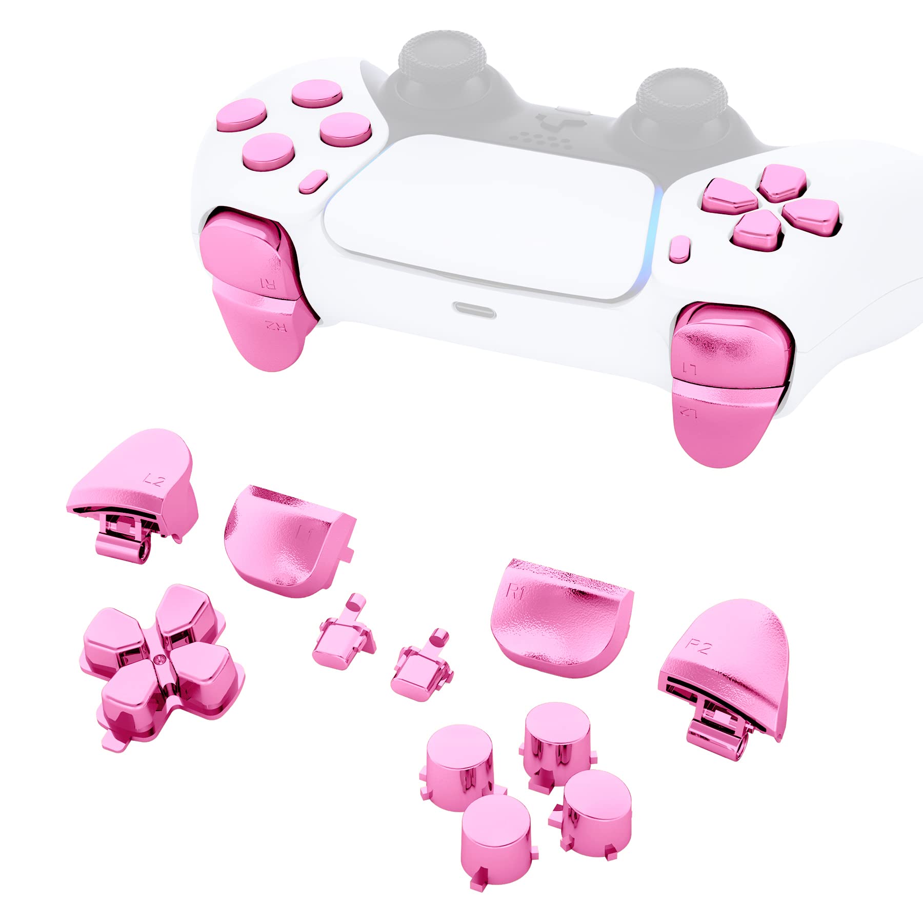 eXtremeRate Replacement D-pad R1 L1 R2 L2 Triggers Share Options Face Buttons, Chrome Pink Full Set Buttons Compatible with ps5 Controller BDM-010 & BDM-020