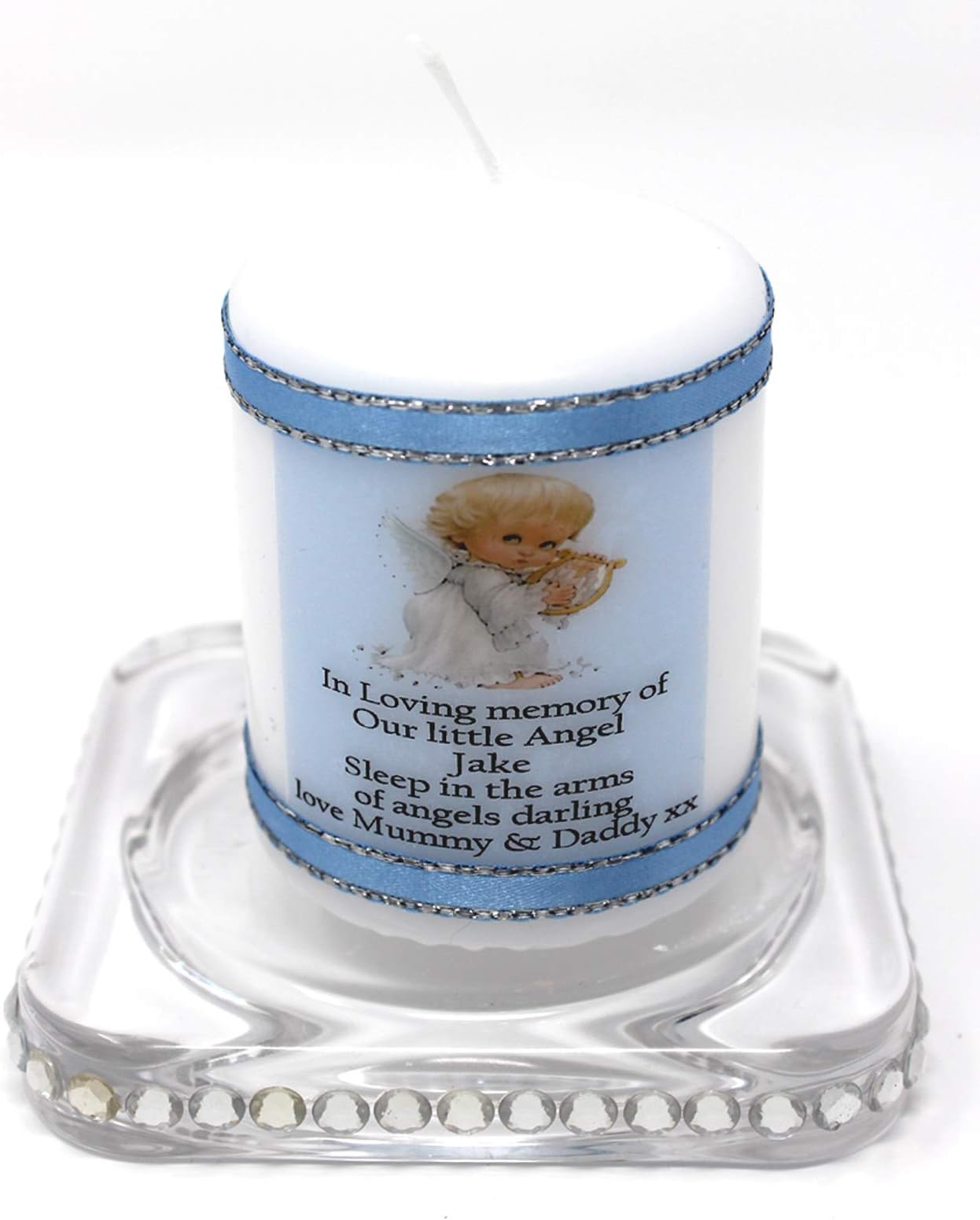 Baby Boy Angel Memorial Candle Blue Personalised Remembrance or Sympathy