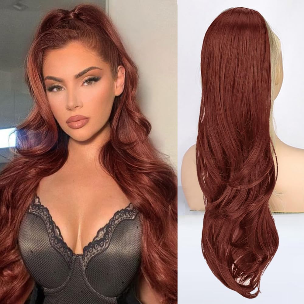 PORSMEER Ponytail Extension,Drawstring Ponytail Hair Extensions 26 Inch Long Natural Straight Wavy End Synthetic Hairpiece for Women Daily Use (Copper red) — image 1