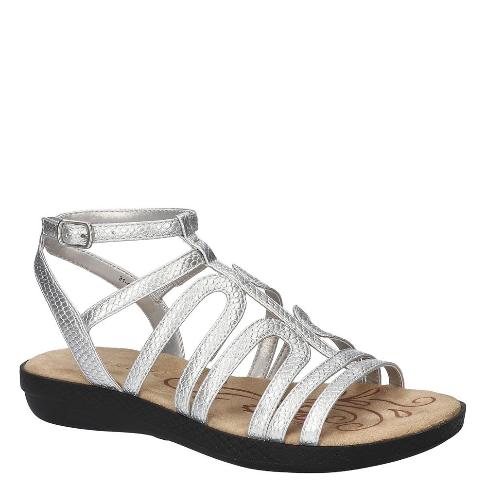 Easy Street Women’s Daylily Flat Sandal, Silver Snake, 12 Wide