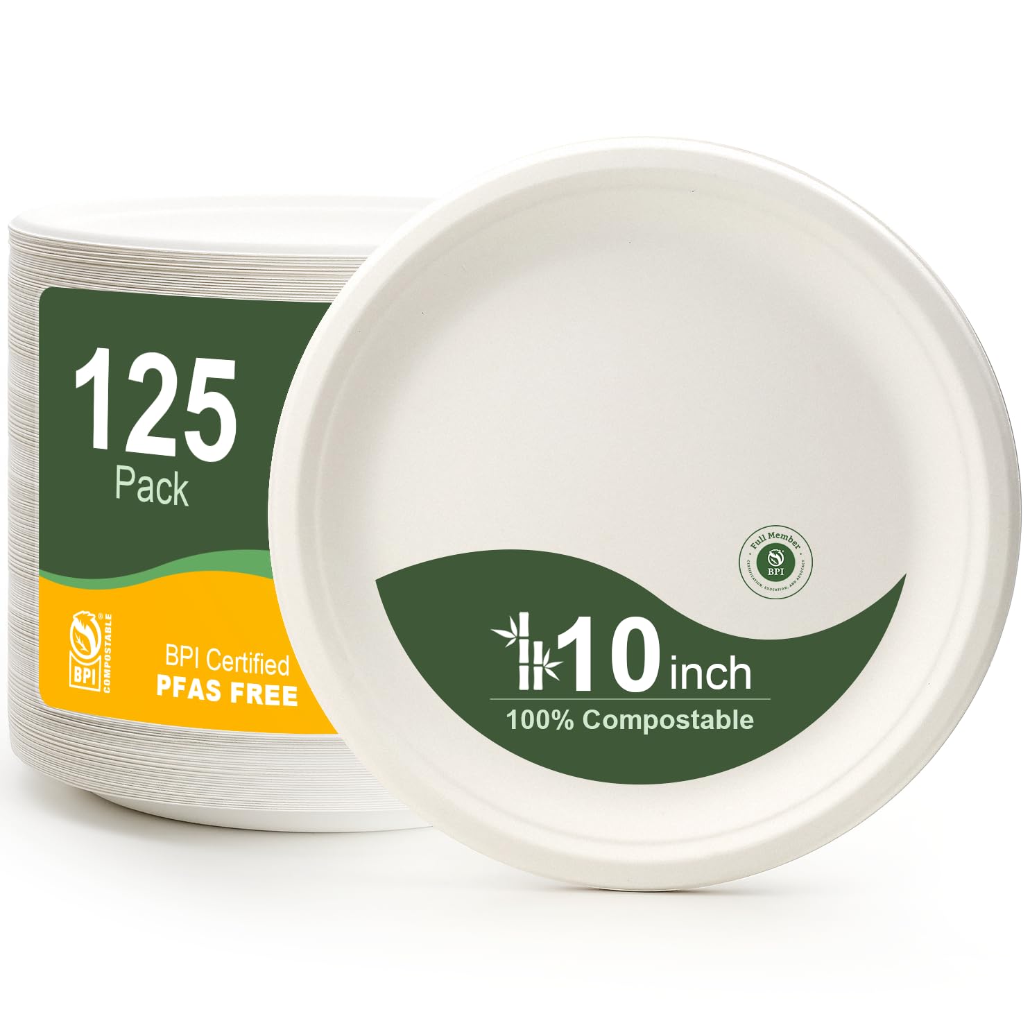 Photo 1 of WELLIFE 10 Inch Paper Plates, 125-Pack 100% Compostable Heavy Duty Disposable Plates Bulk, Biodegradable Bagasse, Eco-Friendly, PFAS-Free | BPI Certified | Microwaveable