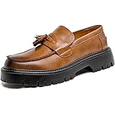 Men's Black Patent Leather Platform Loafers Slip-On Dress Shoes with Tassel, Non-Slip Lug Sole Round Toe Penny Formal Shoes for Business Work & Daily