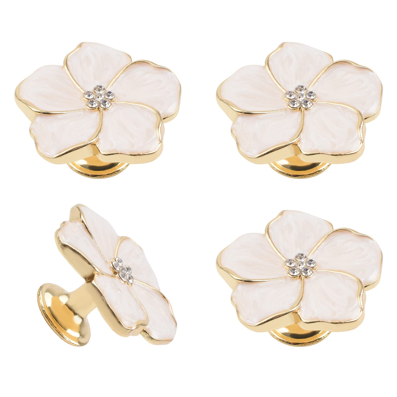 MOROBOR 4pcs Petal Drawer Knobs, Creative Cabinet Drawer Pulls Gold Silk Enamel Single Hole Zinc Alloy Knobs for Dresser Wardrobe Door Furniture/Gold Base with White Dispensing Surface