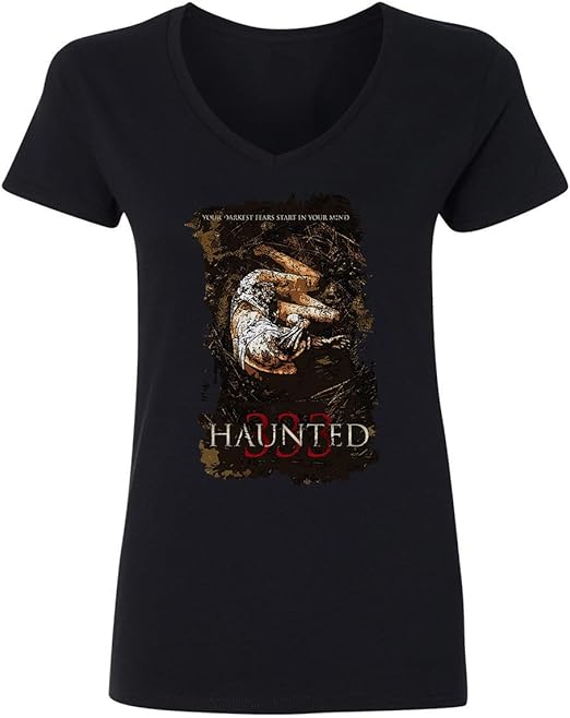 RIVEBELLA New Graphic Shirt Horror Movie Novelty Tee Haunted 333 Womens Vneck T