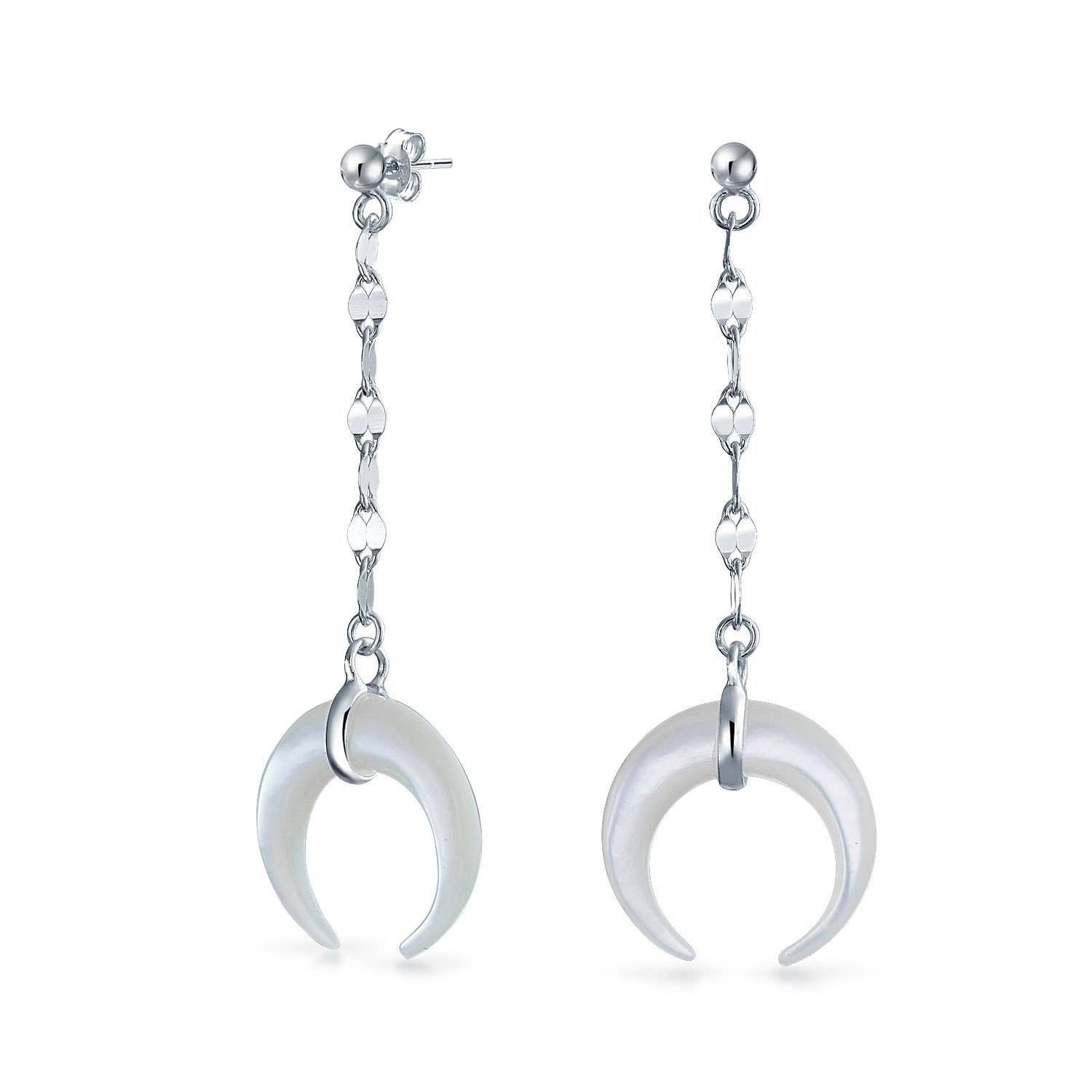 Boho Crescent Moon White Shell Celestial Italian Horn Cornicello Dangle Linear Drop Earrings For Women .925 Sterling Silver — image 1