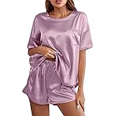 LYANER Women's Satin Silky Pajama Set Short Sleeve T-shirt With Shorts Set PJ Loungewear