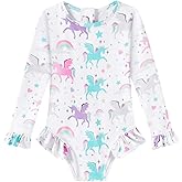 Ghteas Girls One Piece Swimsuits Long Sleeve Ruffle Zipper Bathing Suit Cute Kids UPF 50+ Rashguard Swimwear 1-6 Years