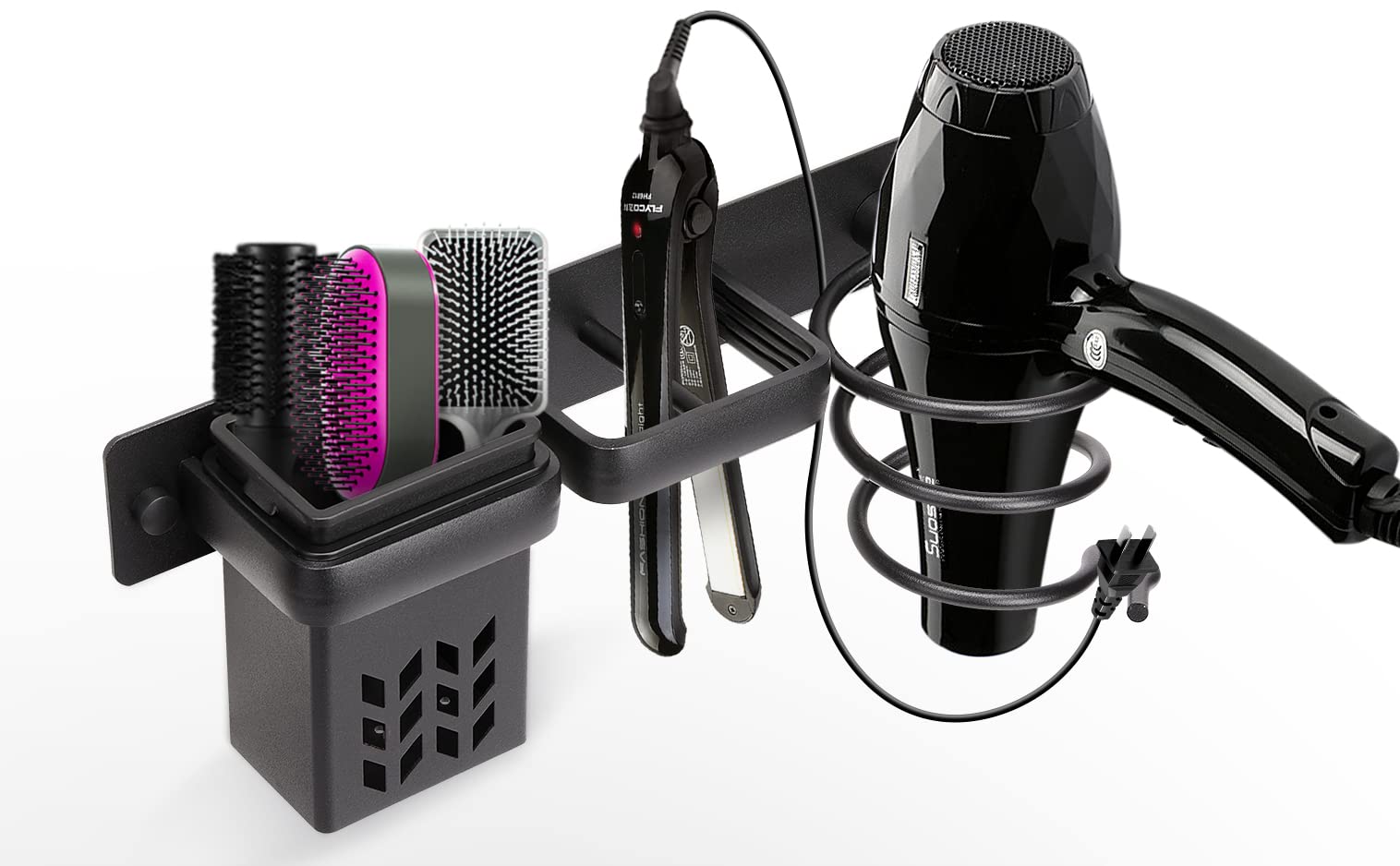 YUET Hair Dryer Holder, Hairdryer Station Accessories Wall Mounted, Straightener Holder, Bathroom Hair Styling Care Tool Organizer, Multi-Functional Space Storage Bracket with Plug Hook & Cups Black