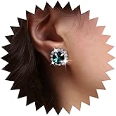 Sttiafay Vintage Emerald Round Earrings Green Emerald Stud Earrings Silver Emerald Rhinestone Earrings Green Geometric Crystal Earrings Jewelry for Women
