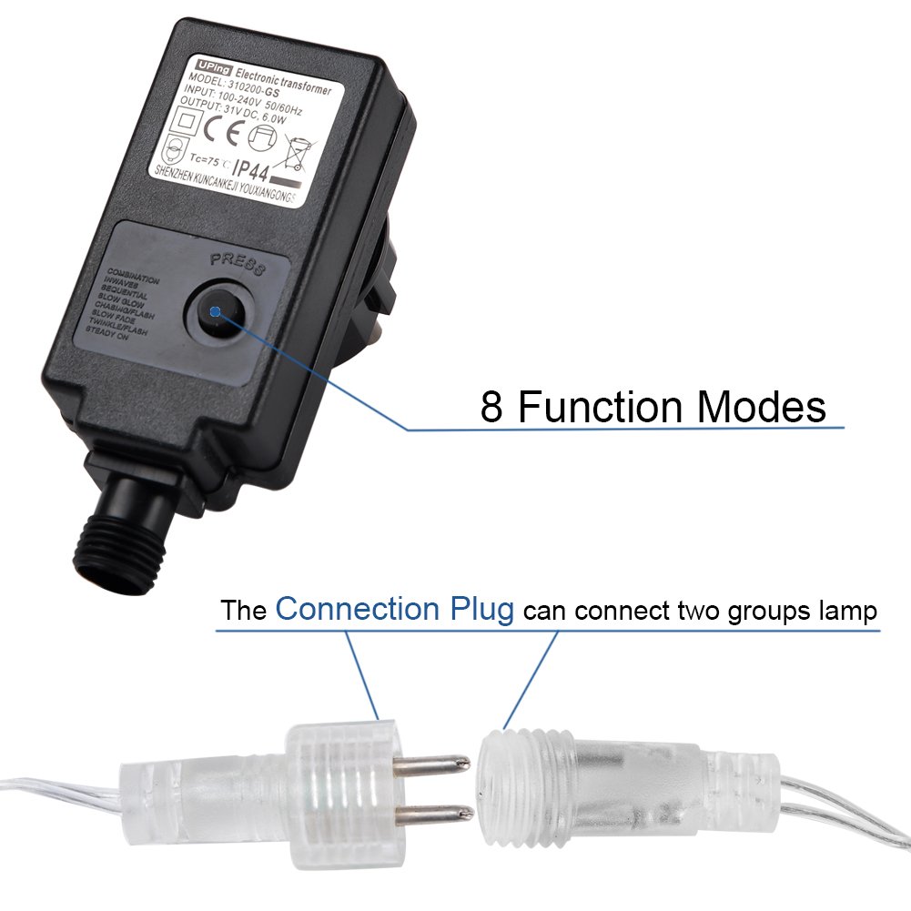 Lichterkette 200 Leds 22 Meter mit EU-Stecker von DC 31V Niederspannungstransformator und 8 Programm für Party, Garten, Weihnachten, Halloween, Hochzeit, Beleuchtung Deko warmweiß von Uping