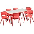 Flash Furniture Emmy Adjustable Classroom Activity Table with 6 Stackable Chairs, Rectangular Plastic Activity Table for Kids, 23.625" W x 47.25" L, Red/Gray