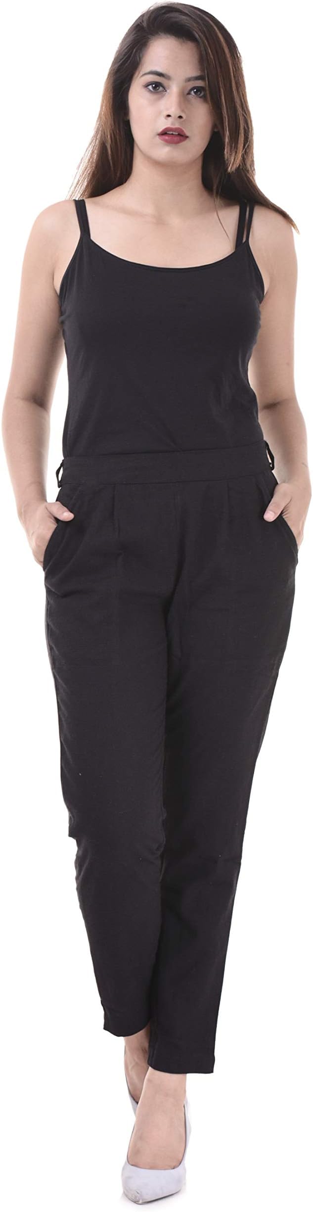 Real Bottom Women Slub Cotton (Black) Solid Pants