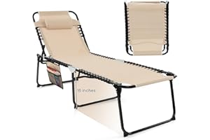 GYMAX Lounge Chairs for Outside, Extra High Folding Beach Tanning Lounger with Adjustable Backrest, Footrest & Removable Pillow, Sunbathing Lounge for Patio, Poolside (1, Sand with Pocket)