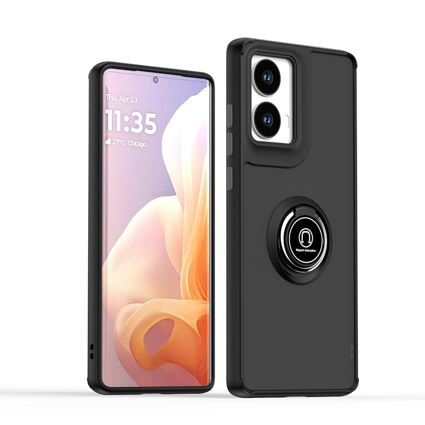 ILING Case for Motorola Moto G85 5G, Ultra-thin Translucent Matte Frosted PC Hard Back Cover, Soft Silicone TPU Bumper Shockproof Protective Case with Ring Kickstand (Black)