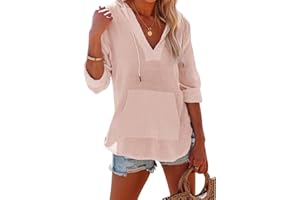 QESULK Linen Hoodie Women Beach Cover Up Hoodies Sweatshirt Roll Up Sleeve Pullover Tops Lightweight Hooded Shirt with Pocket