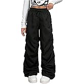 OYOANGLE Girl's Straight Leg Cargo Pants Elastic Waist Tie Front Ruched Y2K Parachute Trousers
