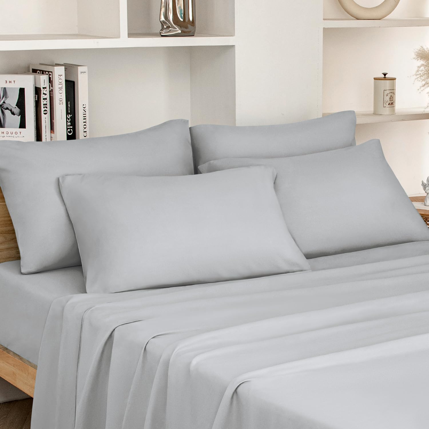 HOMEIDEAS Queen Size Bed Hotel Sheets - 6 Piece Set (Light Grey) - Extra Soft Brushed Microfiber 1800 Bedding Sheets, Deep Pocket, Wrinkle & Fade Free