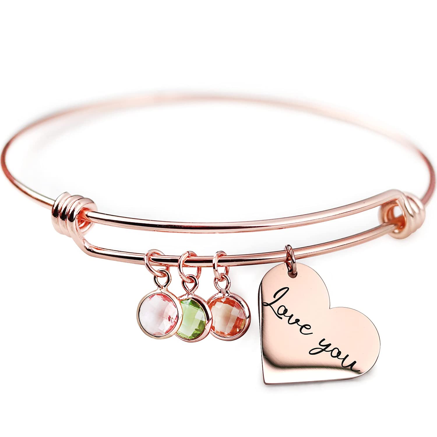 MignonandMignon Heart Birthstone Bracelet Personalized Gift for Her Family Birthstone Jewelry Mother's Day Customized Bangle - ABR-LH-BS