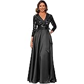 FUMY Long Sleeves Mother of The Bride Dresses with Bow for Women Sparkly Sequin Satin Wedding Guest Dress FM004