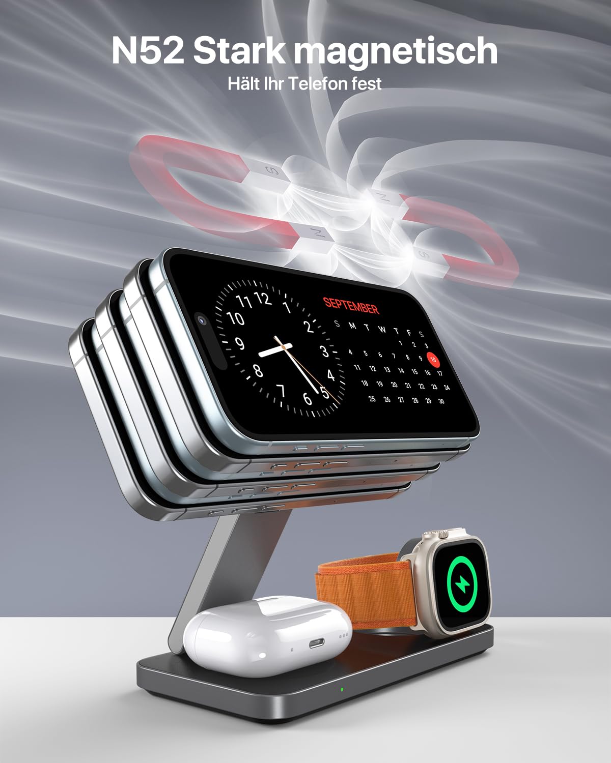 3 in 1 Ladestation mit Qi2.2 25W, Ladestation Apple Watch und iPhone Kompatibel mit Magsafe Ladestation Wireless Charger Für iPhone 17/16/15/14/13/12, AirPods, Apple Watch, mit 35W Adapter 7