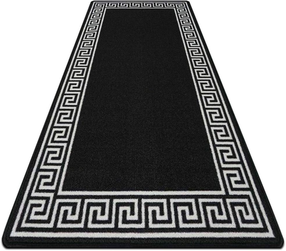 Hafaa Large Area Carpets Machine Washable Mite proof Anti Slip PVC Backed Long Thick Runners - 80 x 300cm (2ft 6" x 10ft) - Dark Grey & Cream Greek Key Door Mat with Multiple Colors