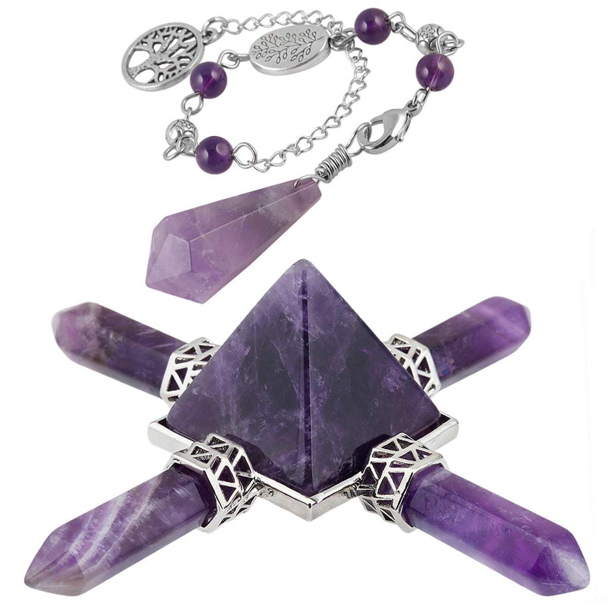 Nupuyai Amethyst Healing Crystal Kit, Energy Pyramid with 4 Stone Point Wand Dowsing Pendulum Collection Set Reiki Figurine Decor
