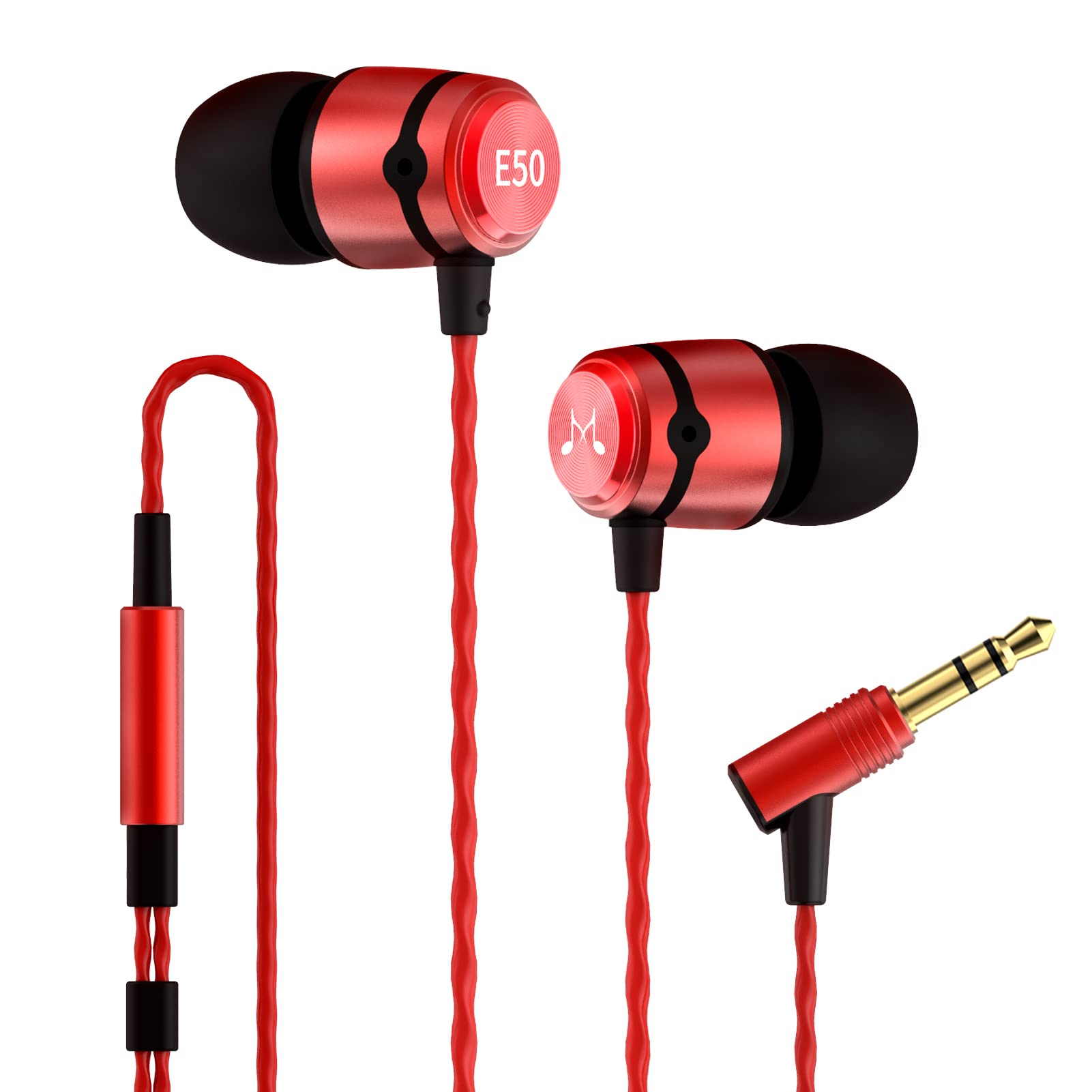 Soundmagic E50 Wired Earbuds No Microphone HiFi Stereo Earphones Noise Isolating in Ear Headphones Powerful Bass Tangle Free Cord Red