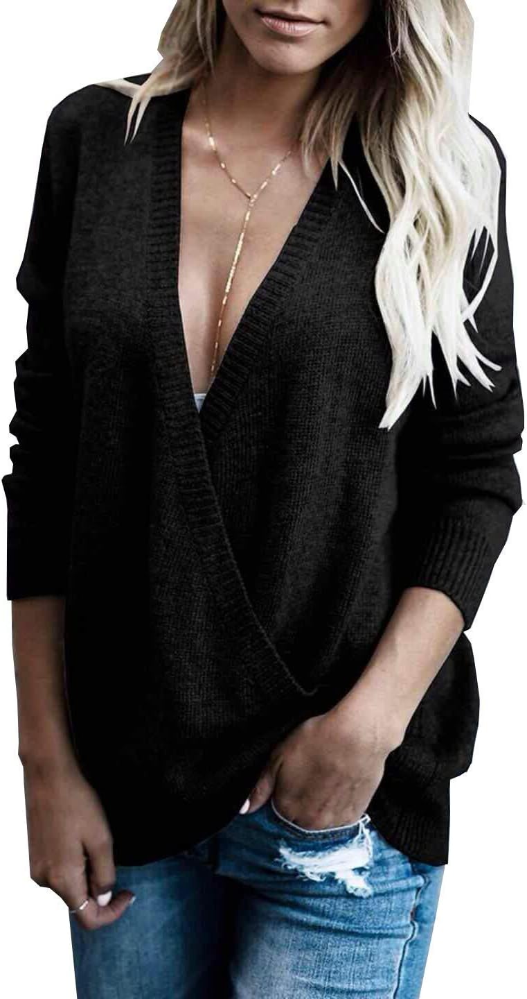softome Womens Knitted Deep V-Neck Long Sleeve Wrap Front Loose Sweater Pullover Jumper Tops