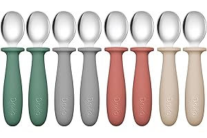 DRKIO 8 PCS Toddler Spoons Set - Baby Spoons with Silicone Handle Children safe 18/8 Stainless Steel Toddler Utensils Set for Self Feeding Kids Silverware Anti-Choke Design Food Grade Dishwasher Safe