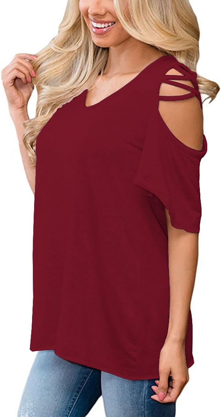 SLIMMING GRIL Cold Shoulder Tops Short Sleeve Cut Out Shoulder Tunic Blouses Summer Shirts Wine Red XL