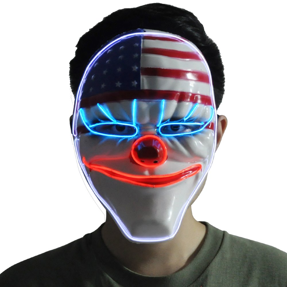 Cece Light Up Mask w/Creepy Clown USA Flag Glowing For Halloween Rave Costume Party