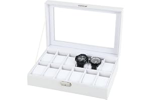 LIANTRAL Watch Box, 12-Slot Leather Watch Case Organizer Watch Holder for Men, Glass Top (White)