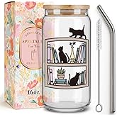 Black Cat Bookish Coffee Glass Cup Gifts for Women Mom Friends Cat Lover Writer,16oz Book Themed Cute Drinking Cup with Lids Straws,Book Lover Gifts for Birthday Christmas Thanksgiving Mother day-53