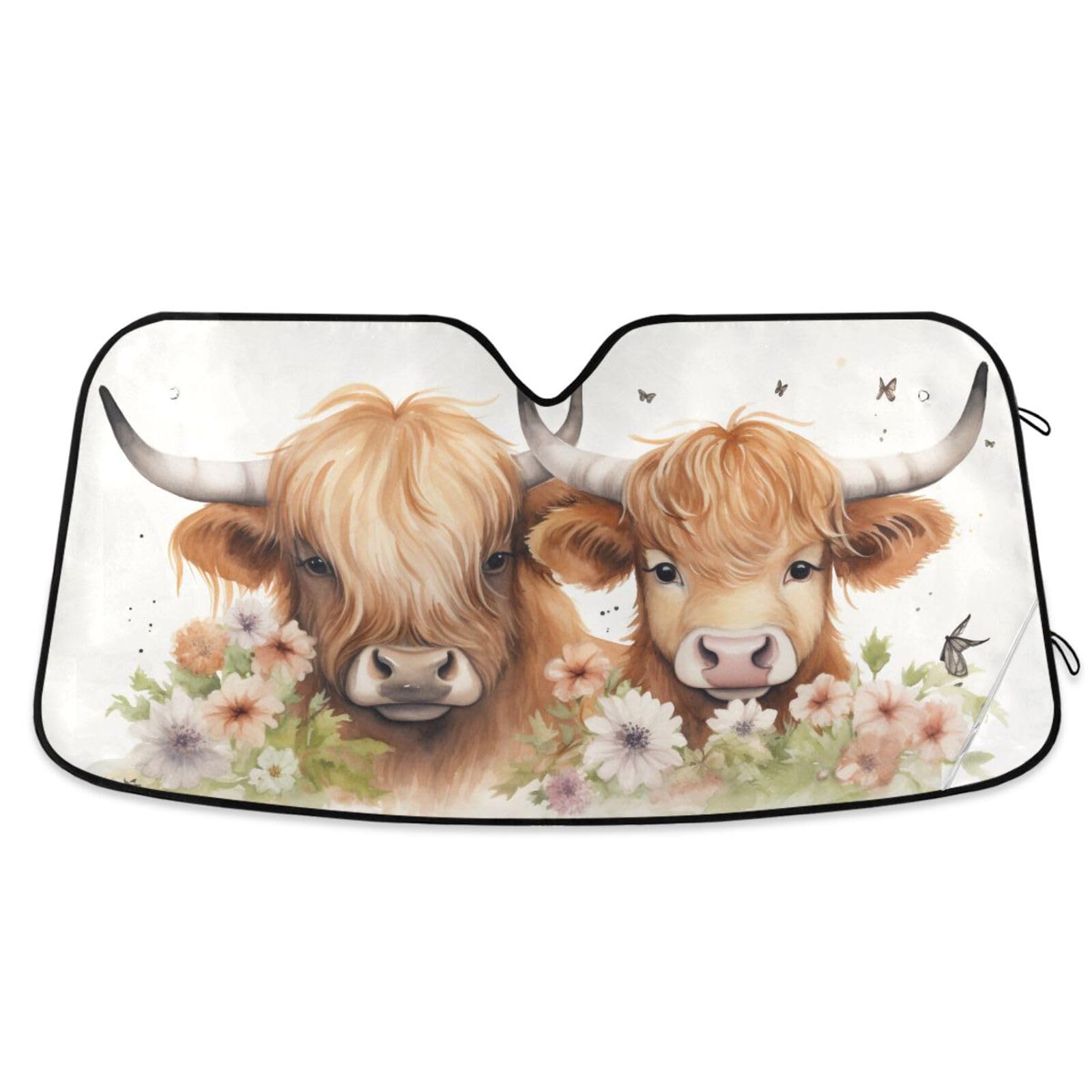 Photo 1 of Oarencol Car Windshield Sun Shade Highland Cows Flower Foldable UV Ray Sun Visor Protector Sunshade to Keep Your Vehicle Cool 55" x 27.6"